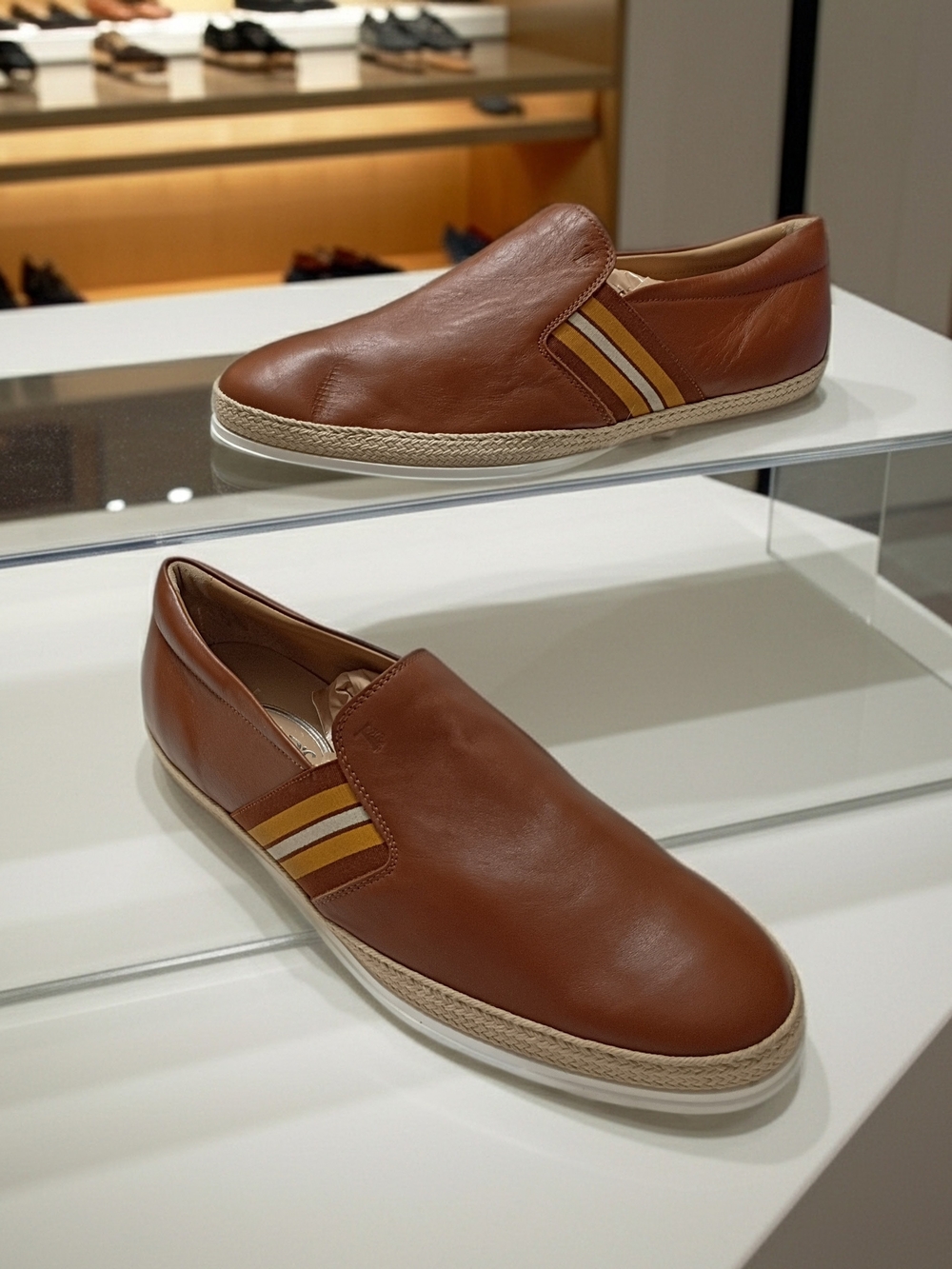 Tod's Tan Leather Slip-On Rafia Trimmed Loafers with Yellow Stripe Accents 11